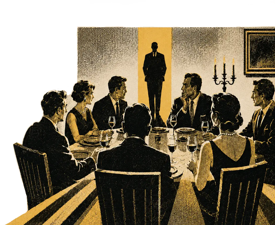 Gruppe i halvmørke omkring et bord spiller et murder mystery dinner party